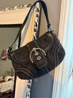 Coach Black Signature Canvas Shoulder Bag with Silver Buckle
